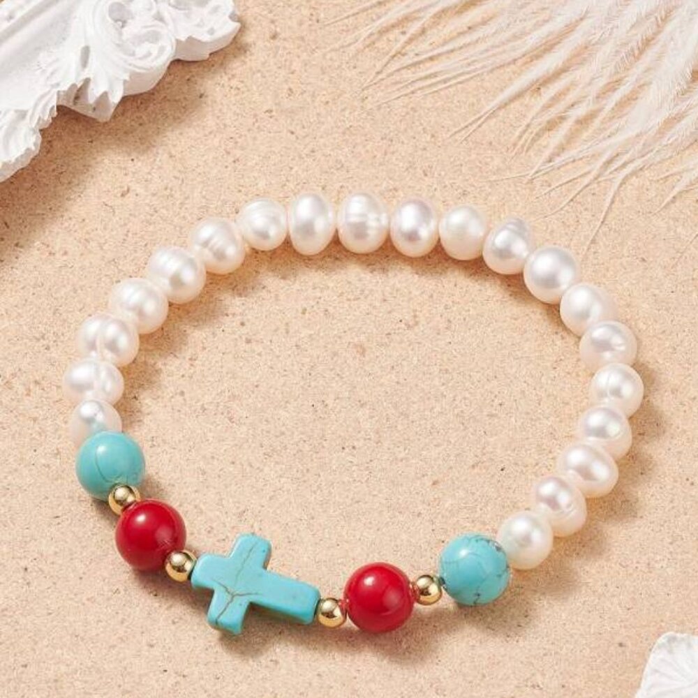 NWOT Cross & Real Mashan Jade & Pearl Beaded Stretch Bracelet, Gemstones